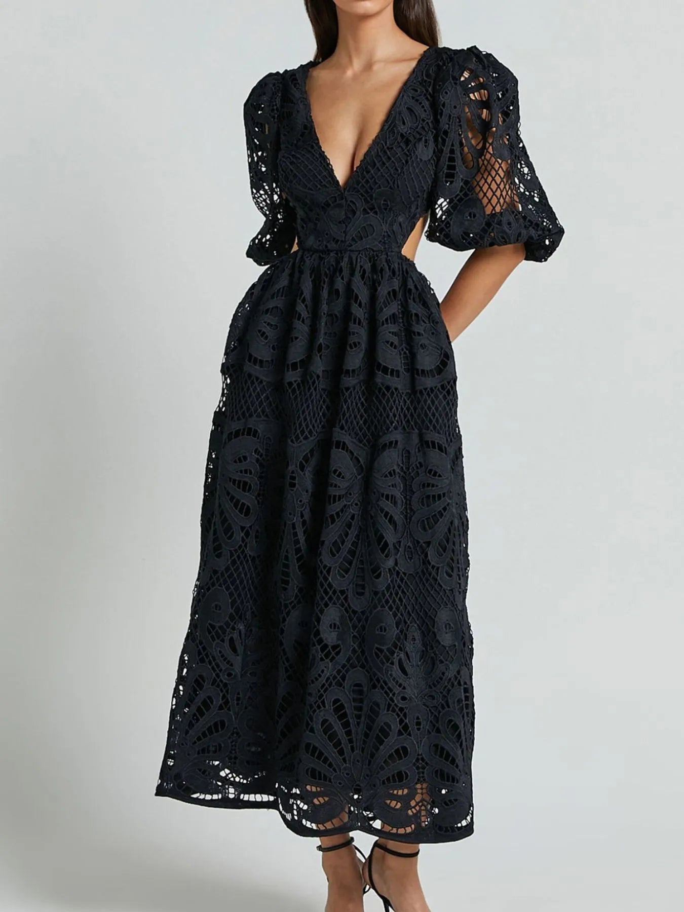 Cutout Back Lace Crochet V-Neck Dress Light Yellow / XL
