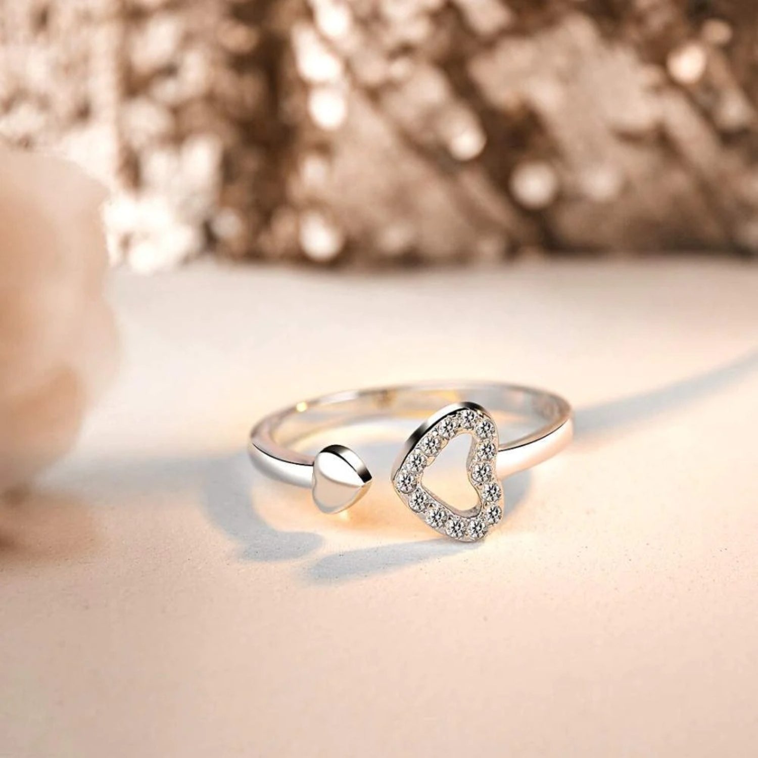 925 Sterling Silver Inlaid Zircon Heart Open Ring - Charming Charlie
