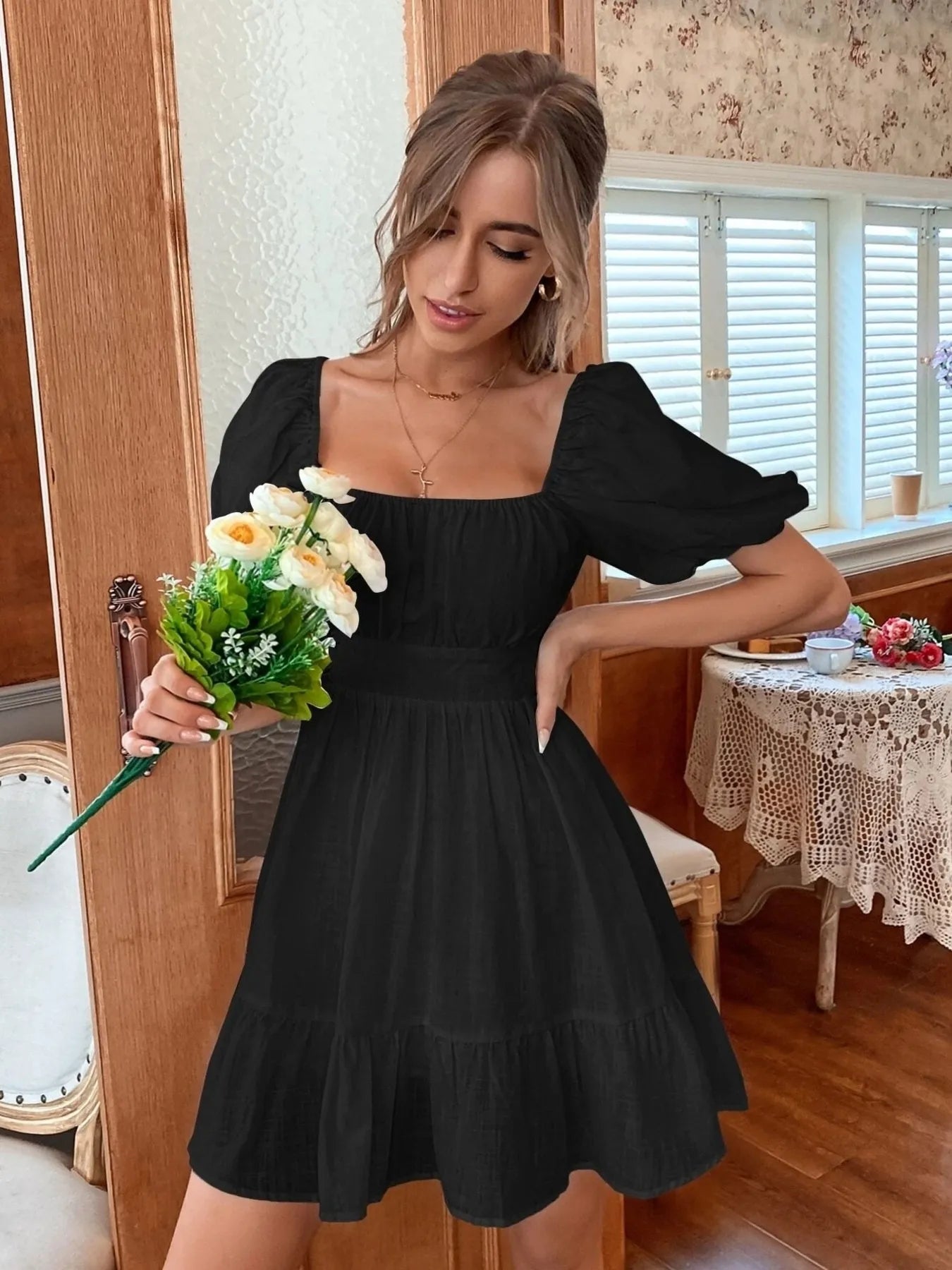 charlie mini dress Square Neck Puff Sleeve Mini Dress Black / M