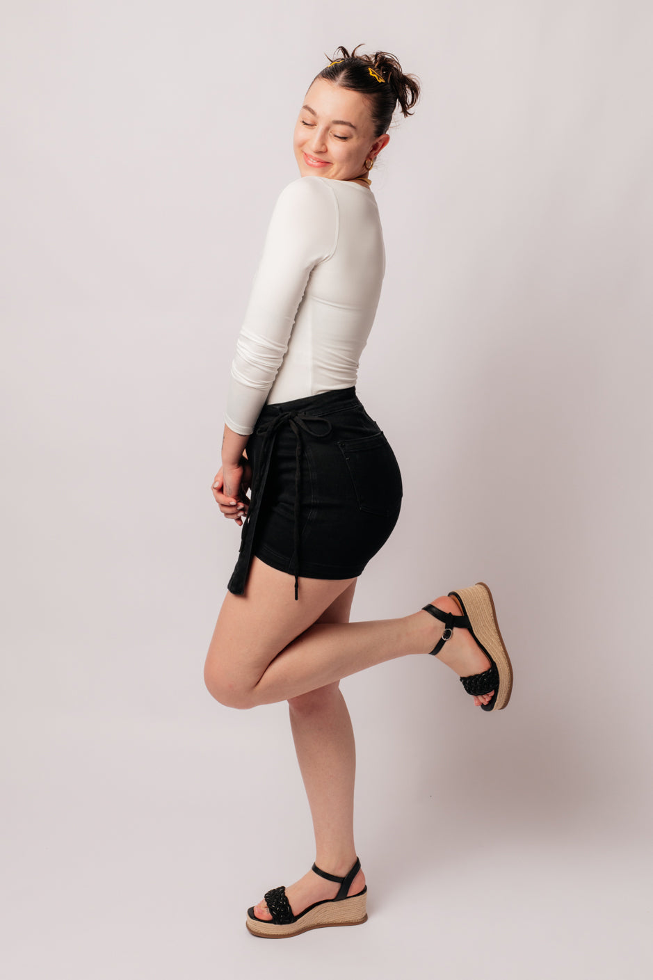 Bentli High Rise Side Tie Denim Skort in Black - Charming Charlie