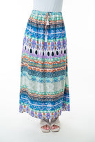 Printed Elastic Waist Band Long Skirt with Tassels in Sage Combo - Charming Charlie