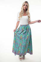 Printed Elastic Waist Band Long Skirt with Tassels in Mint Combo - Charming Charlie