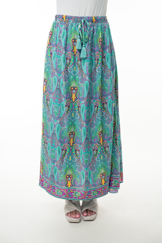 Printed Elastic Waist Band Long Skirt with Tassels in Mint Combo - Charming Charlie
