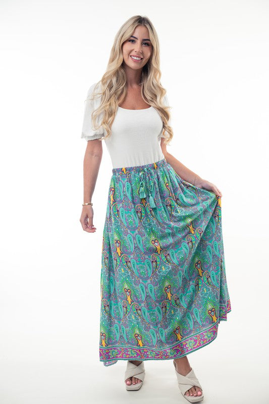 Printed Elastic Waist Band Long Skirt with Tassels in Mint Combo - Charming Charlie