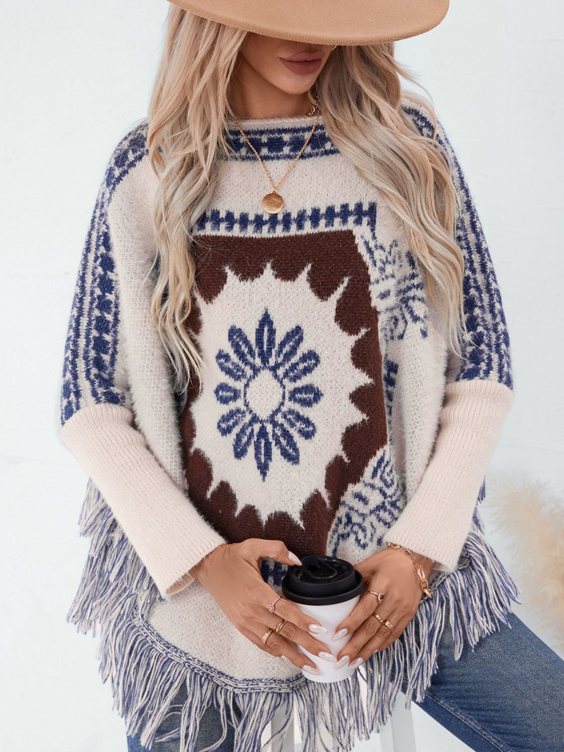 Fringe Geometric Long Sleeve Poncho - Charming Charlie