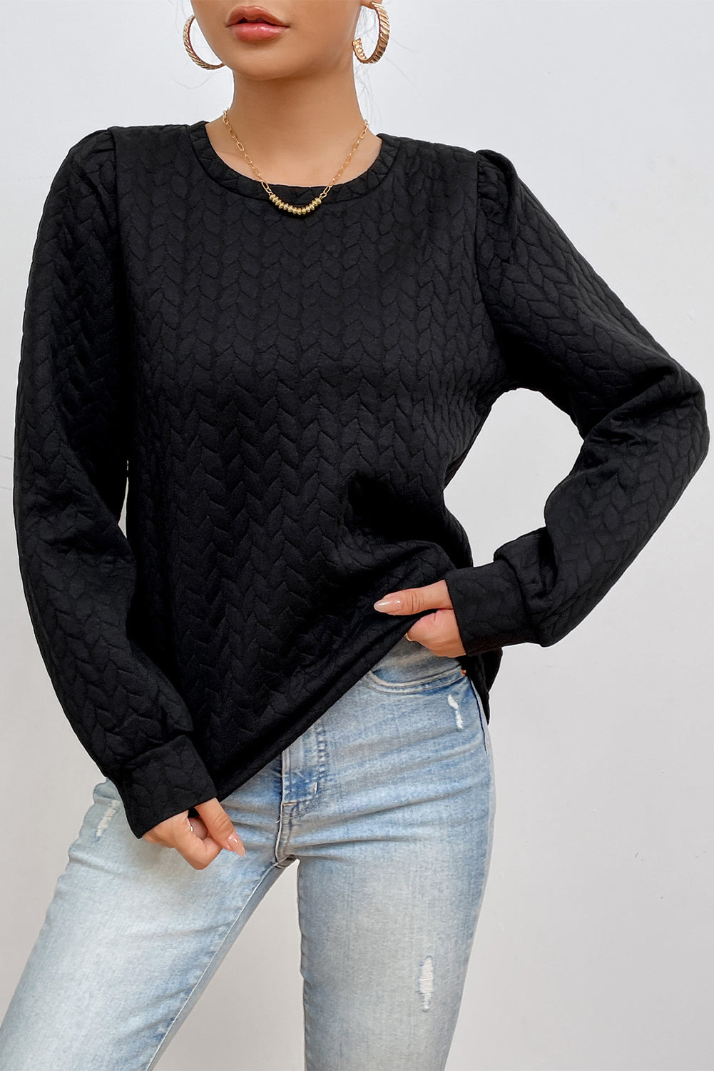 Texture Round Neck Long Sleeve Sweatshirt - Charming Charlie