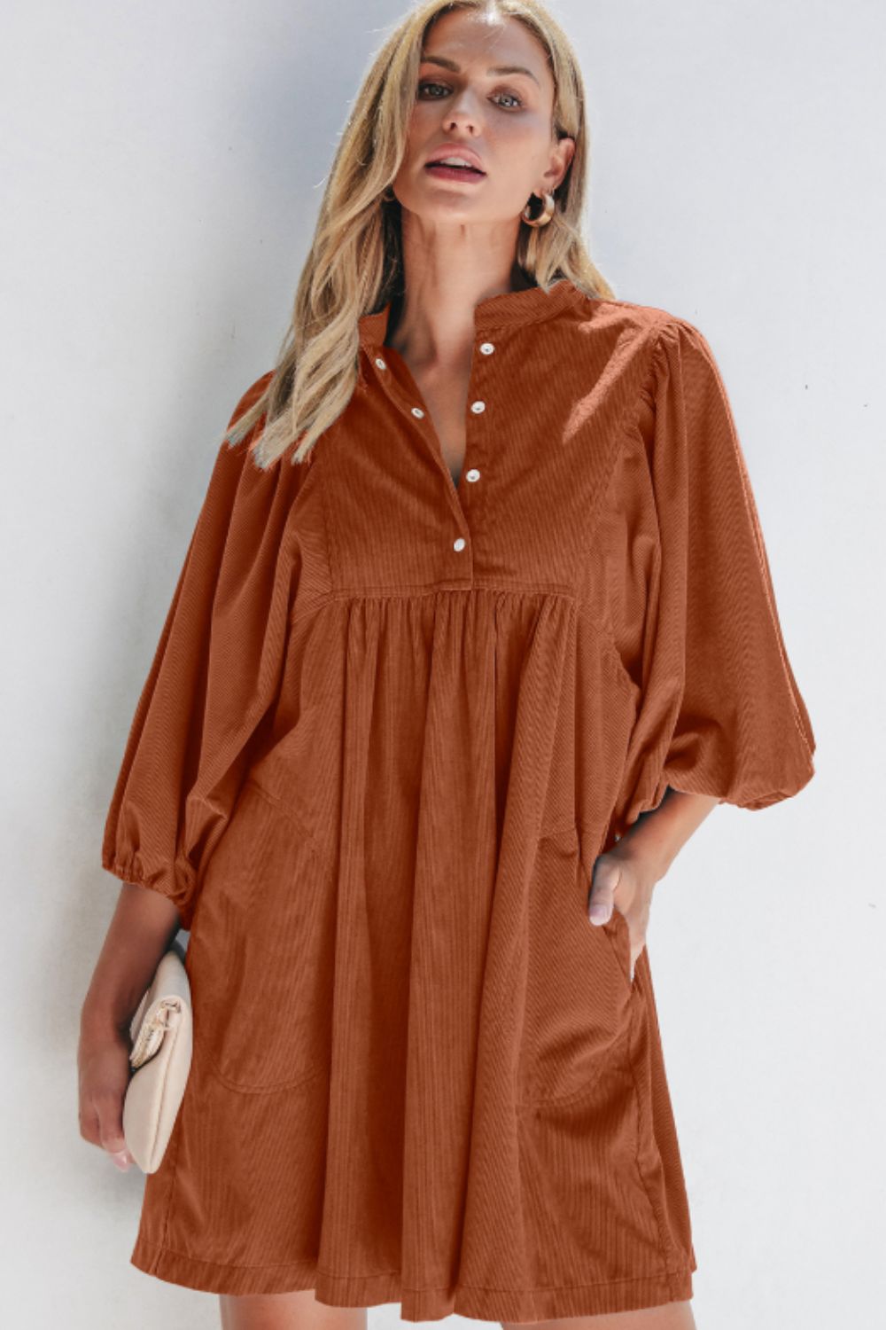 Corduroy Quarter Snap Three-Quarter Sleeve Dress - Charming Charlie