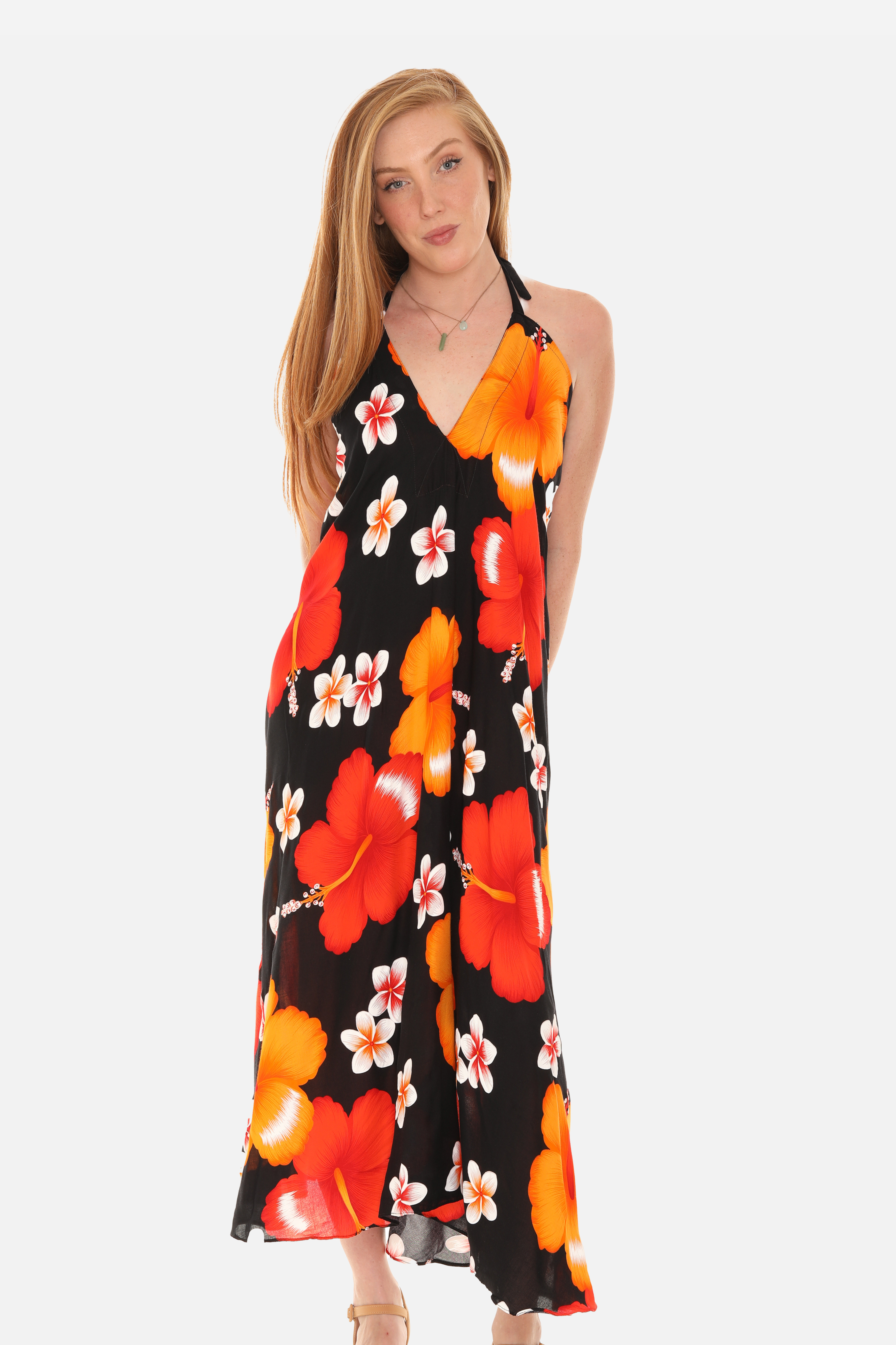 Large Floral Island Print Challis Halter Dress
