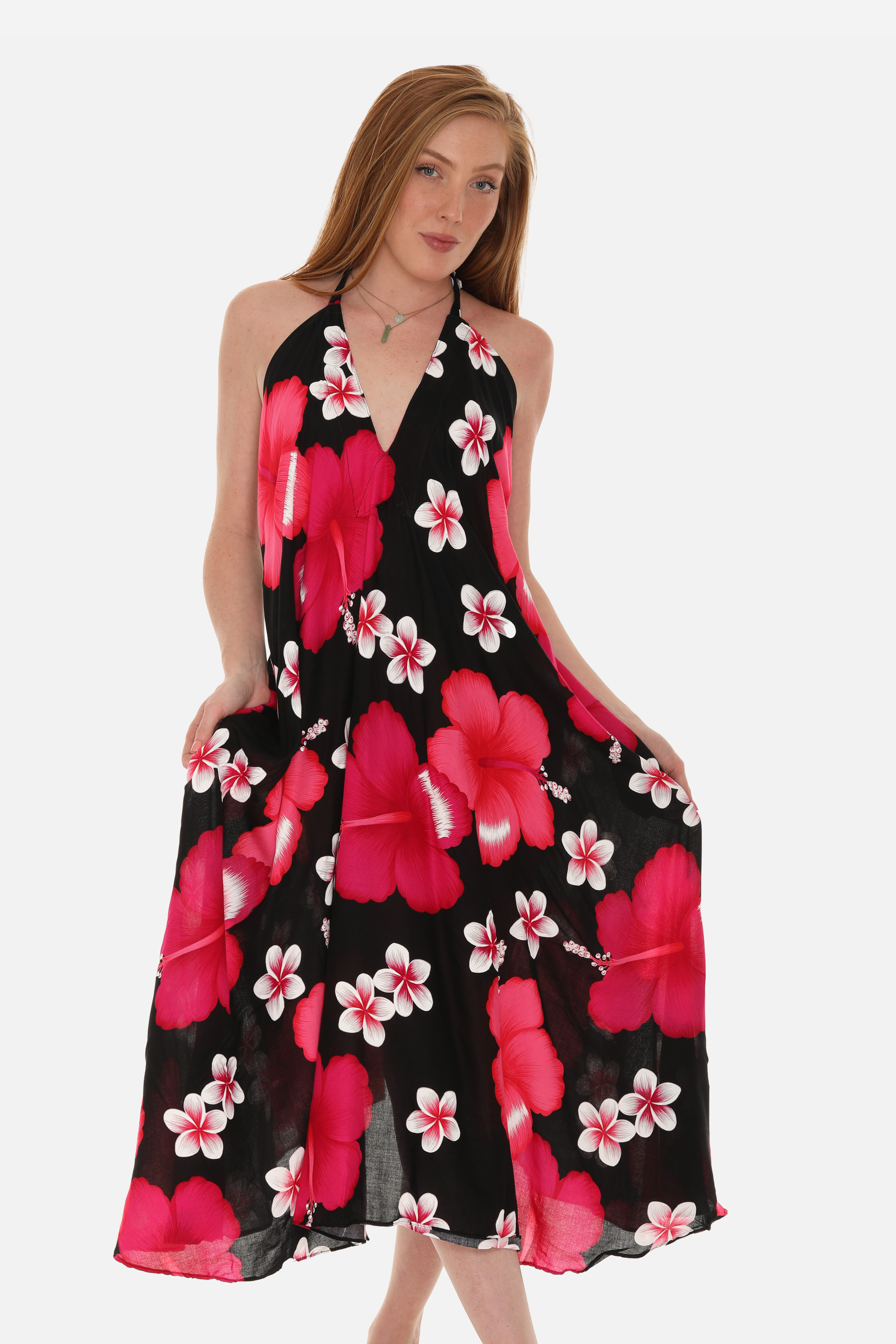 Large Floral Island Print Challis Halter Dress