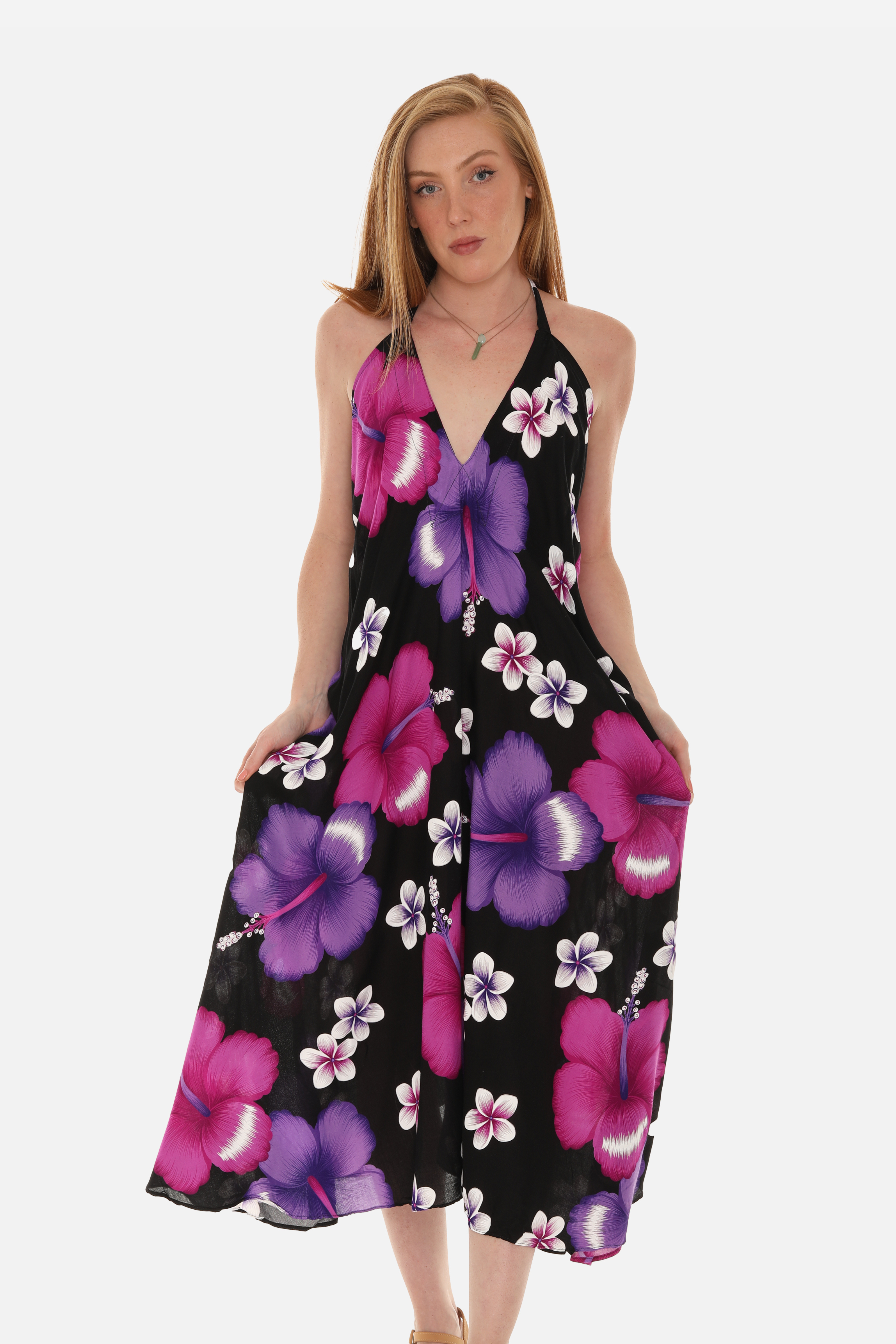 Large Floral Island Print Challis Halter Dress