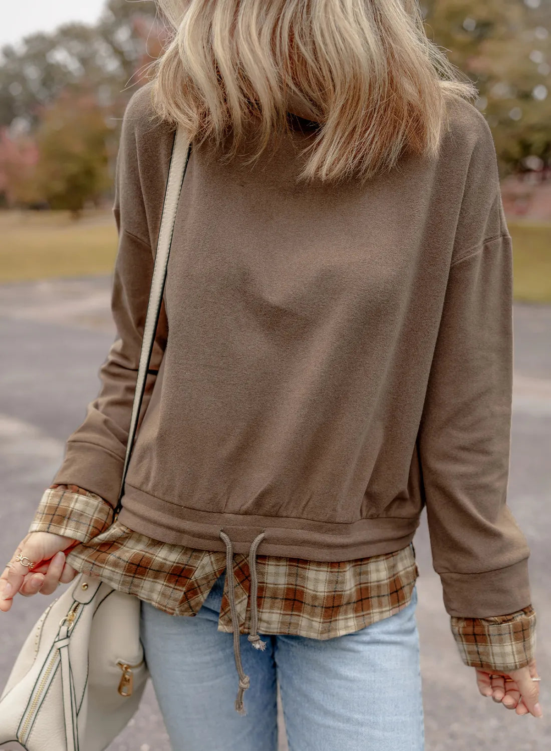 Drawstring Plaid Turtleneck Long Sleeve Top - Charming Charlie