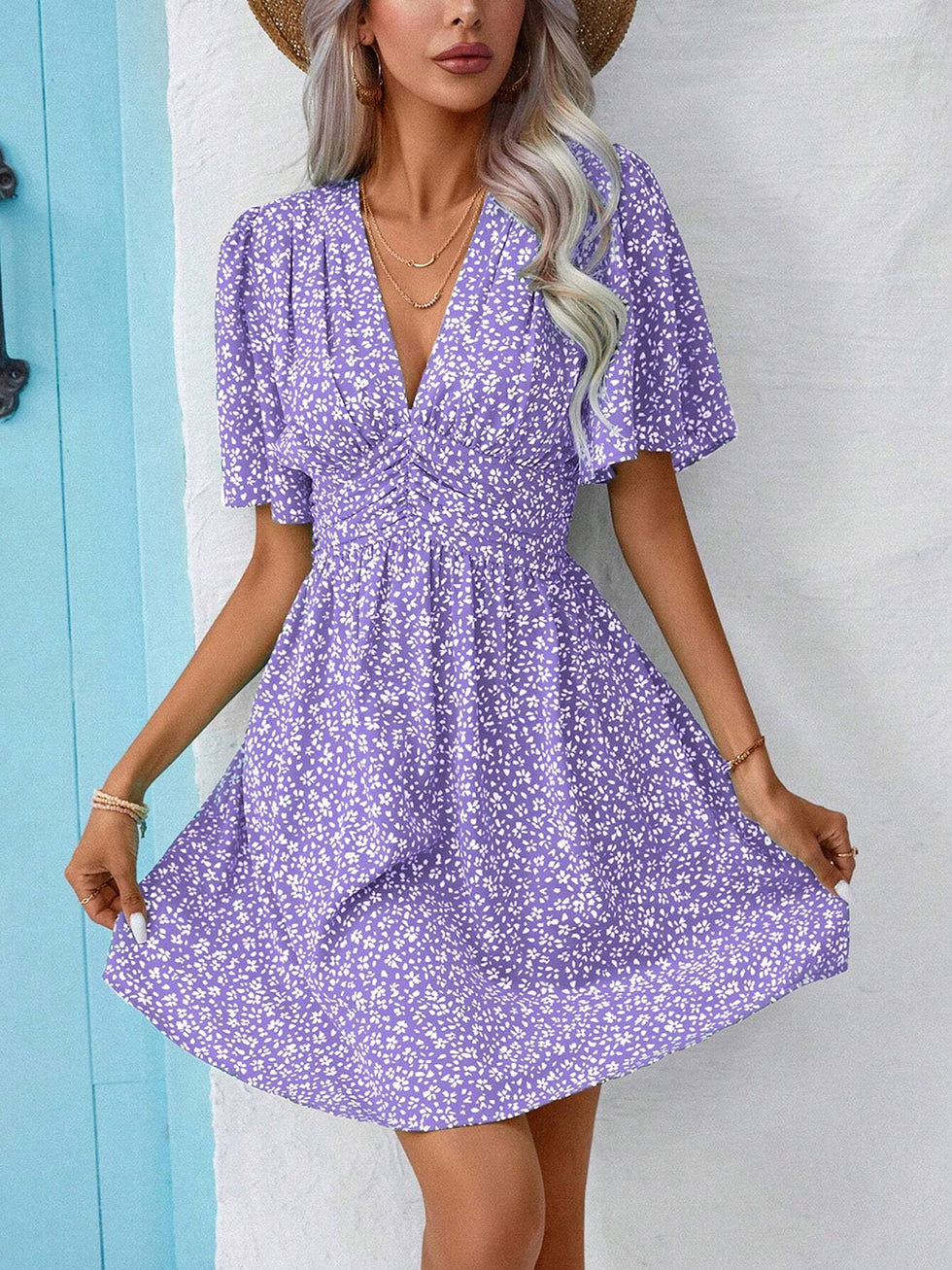 Printed Buttoned V-Neck Half Sleeve Dress main image 0