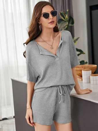 Waffle-Knit Long Sleeve Dropped Shoulder Top