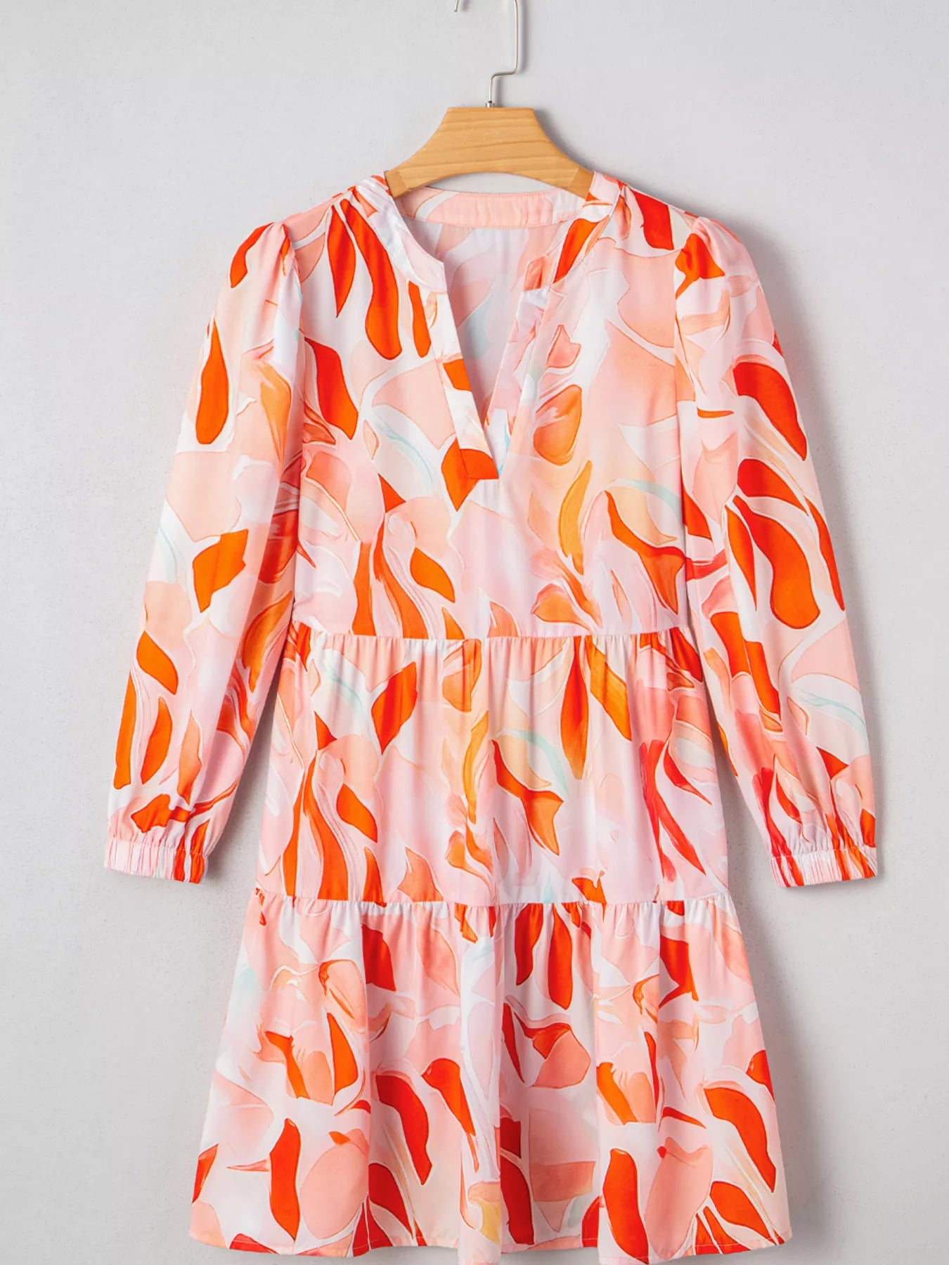 orange tiered mini dress Abstract Print Long Sleeve Tiered Mini Dress Tangerine / M