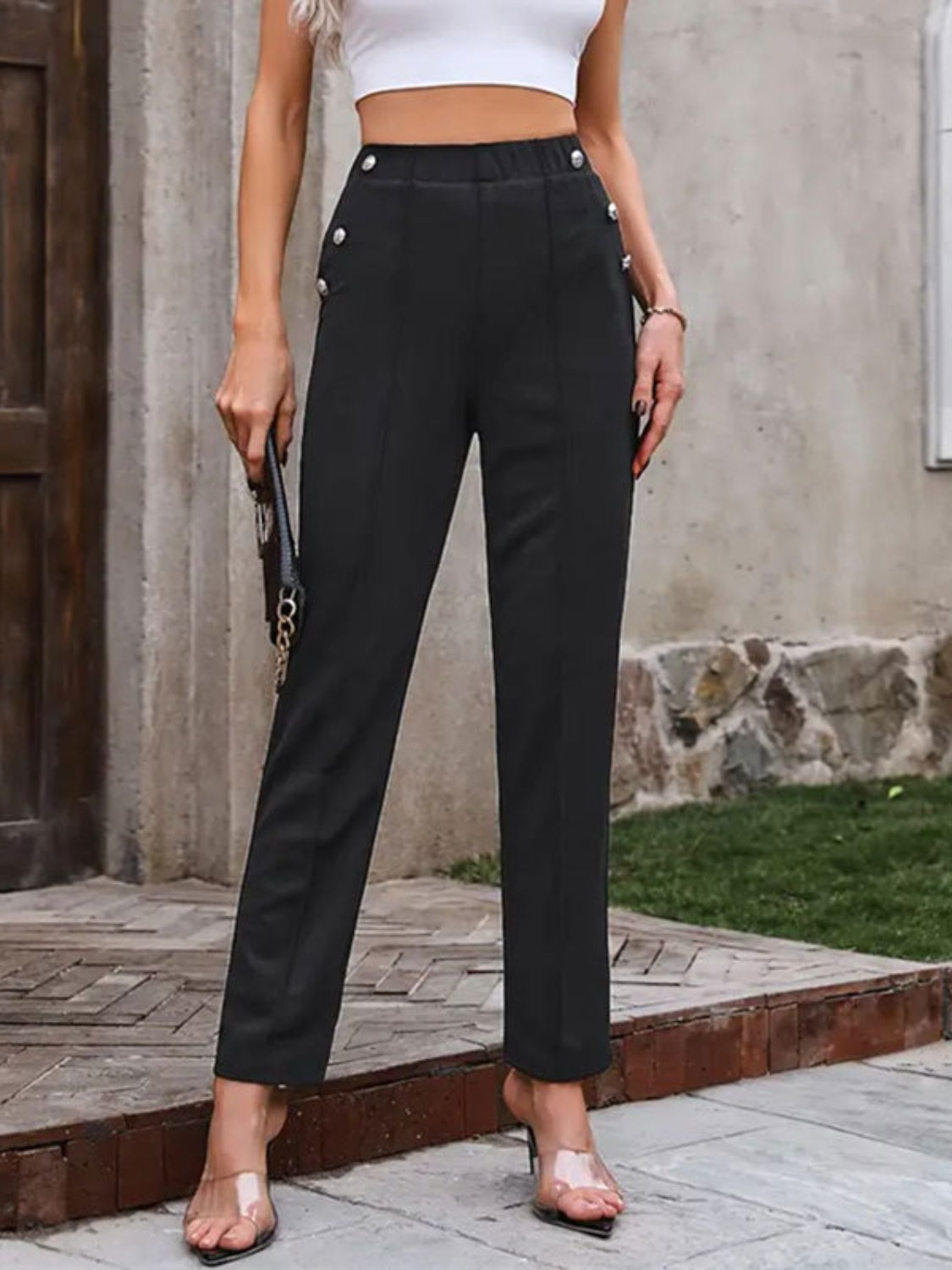 Decorative Button Elastic Waist Pants - Charming Charlie