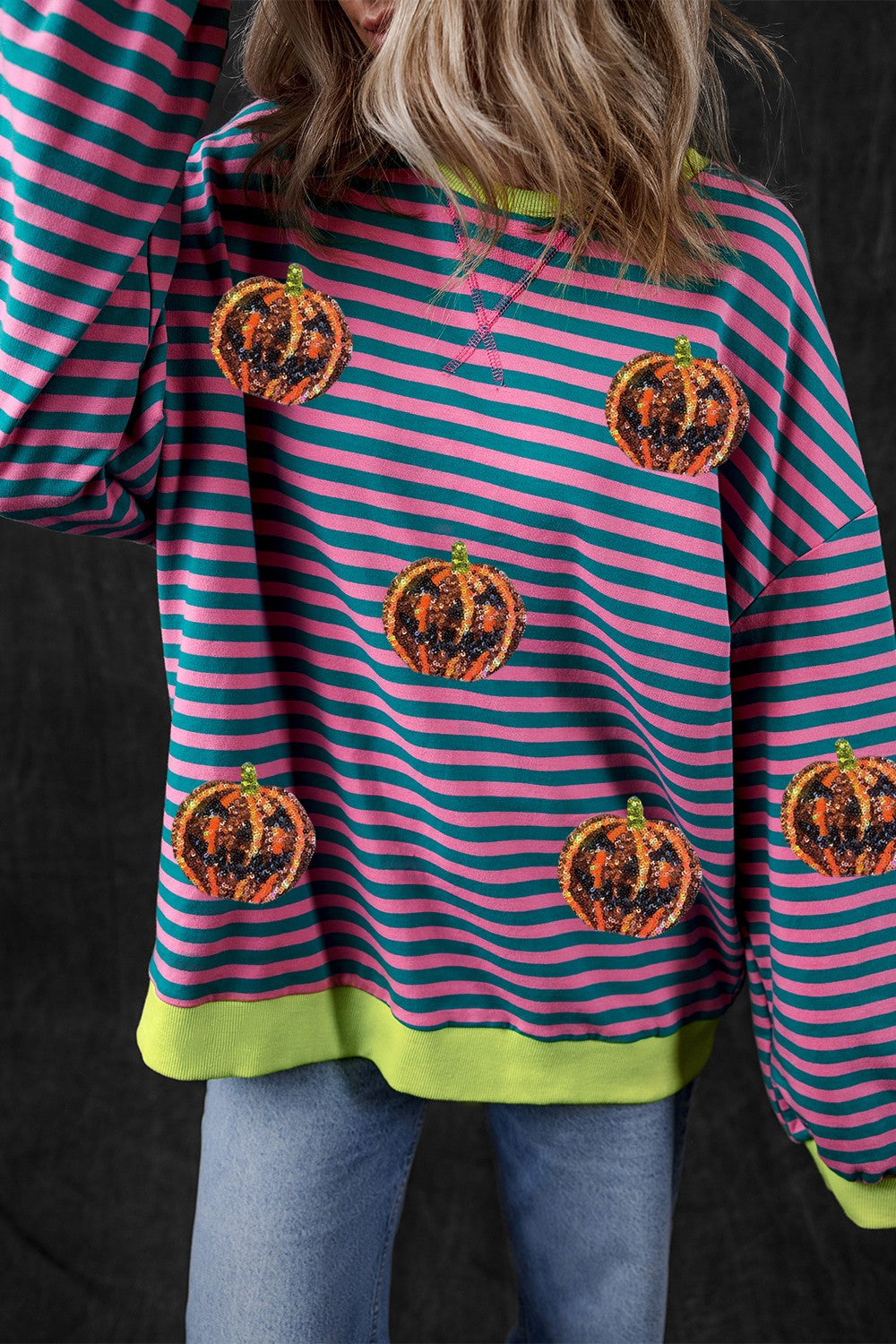 Pumpkin Striped Round Neck Long Sleeve Sweatshirt - Charming Charlie