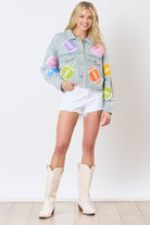 Football Towel & Sequin Embroidery Denim Jacket - Charming Charlie