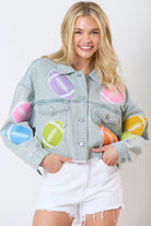 Football Towel & Sequin Embroidery Denim Jacket - Charming Charlie
