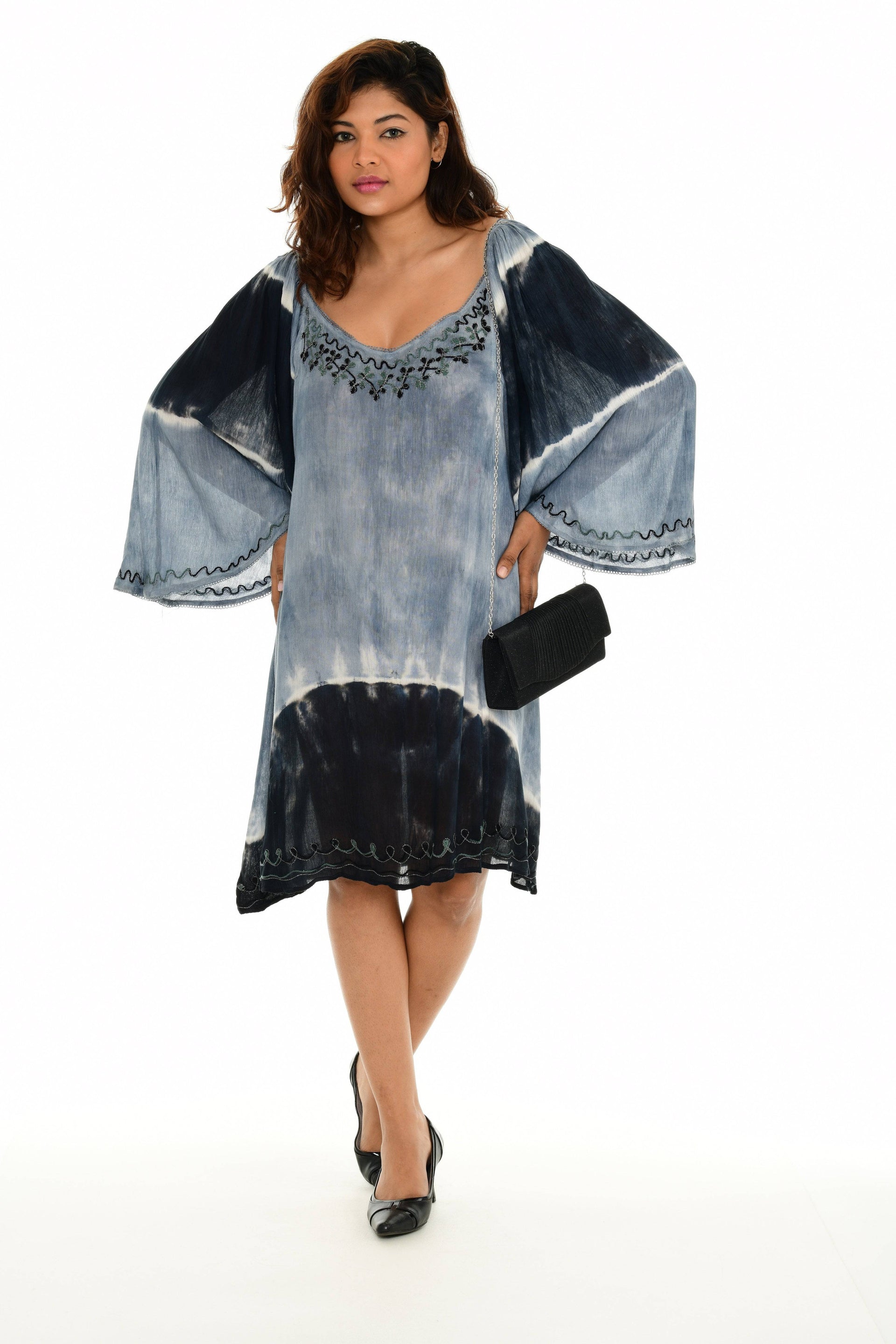 knee length dresses for ladies Peach Tie-Dye Embroidered Lace-Hem Bell-Sleeve Dress 3X / Black