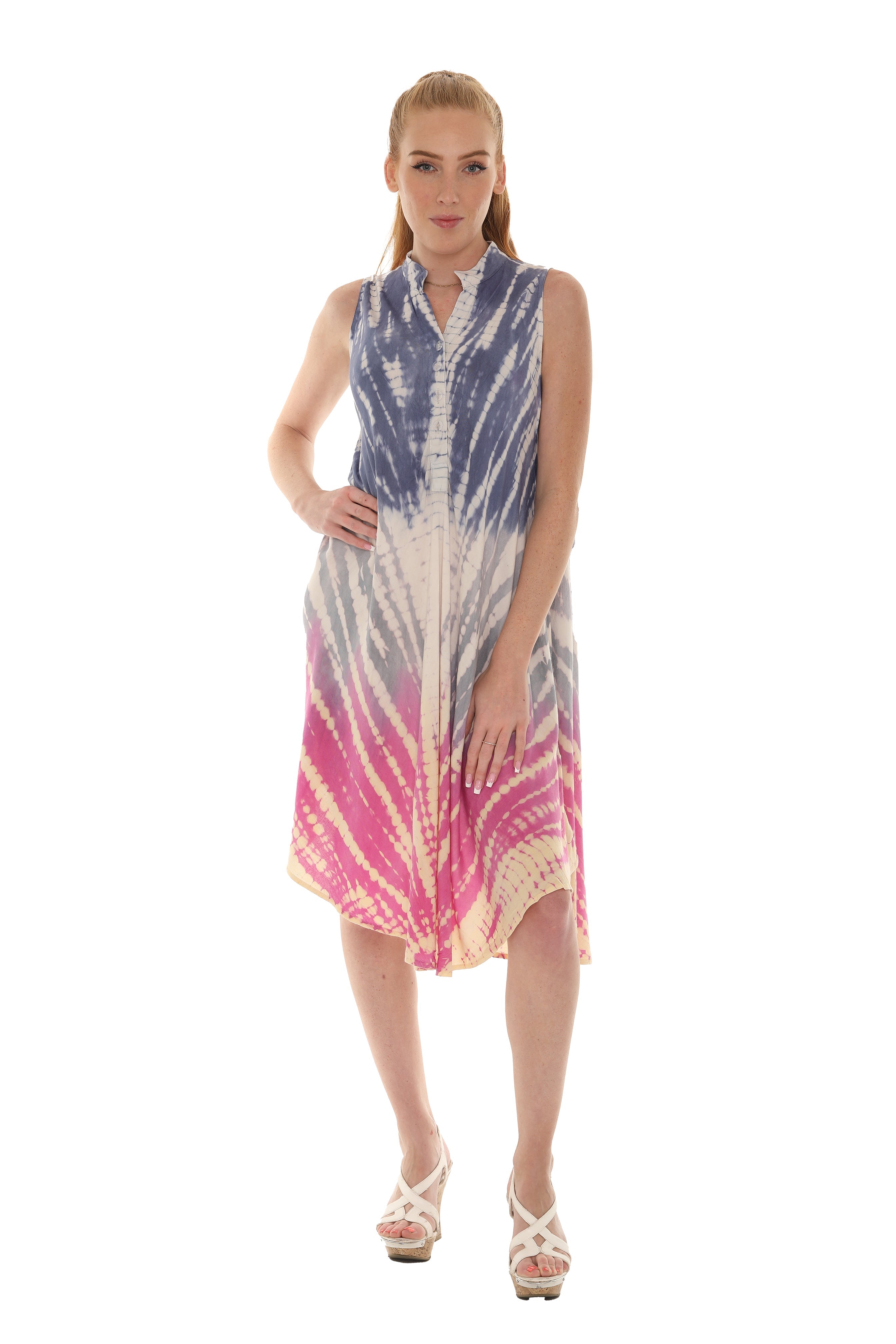 Tri-Colors Tie-Dye With Button up Rayon Sundress - Shoreline Wear, Inc.