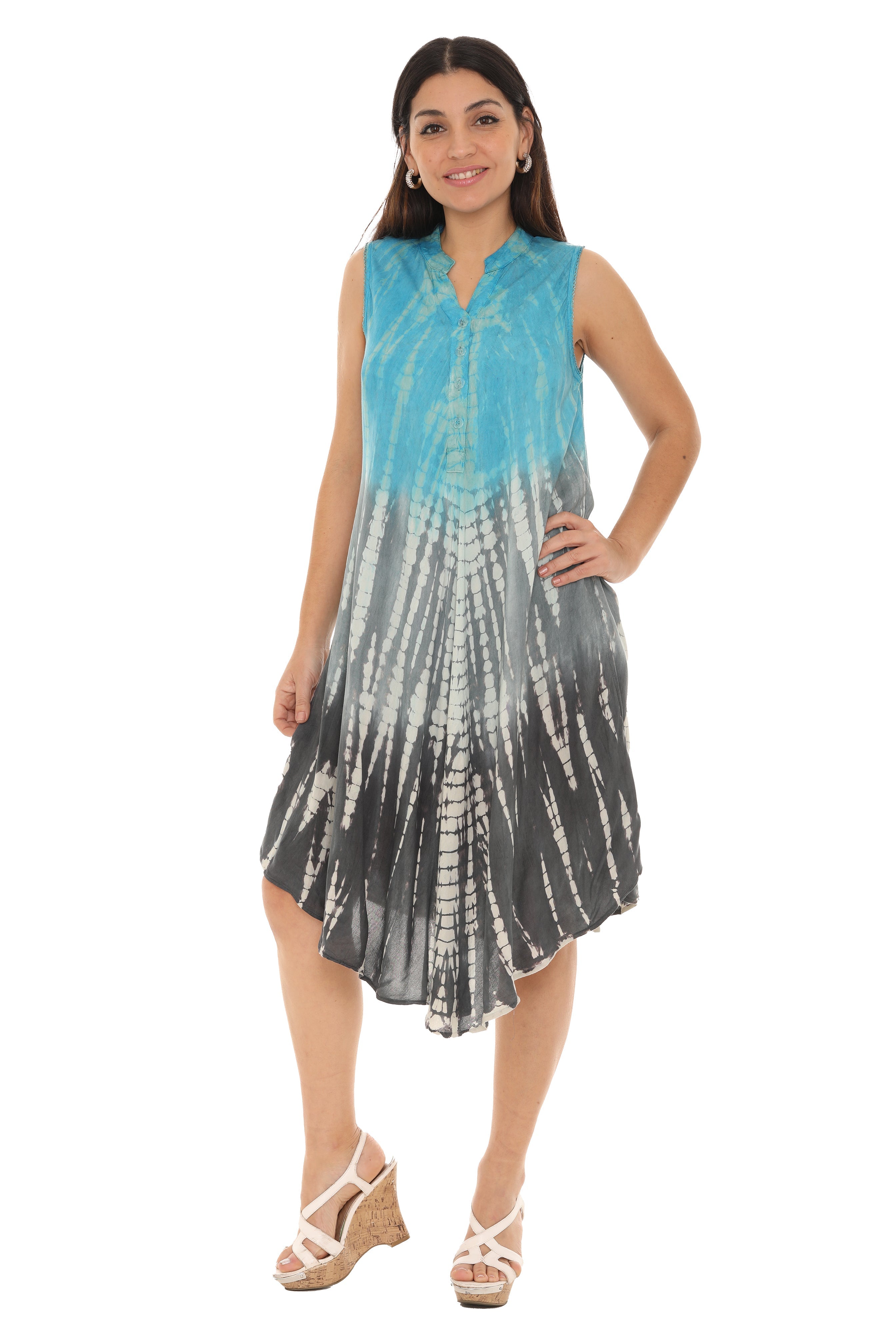 Tri-Colors Tie-Dye With Button up Rayon Sundress - Shoreline Wear, Inc.