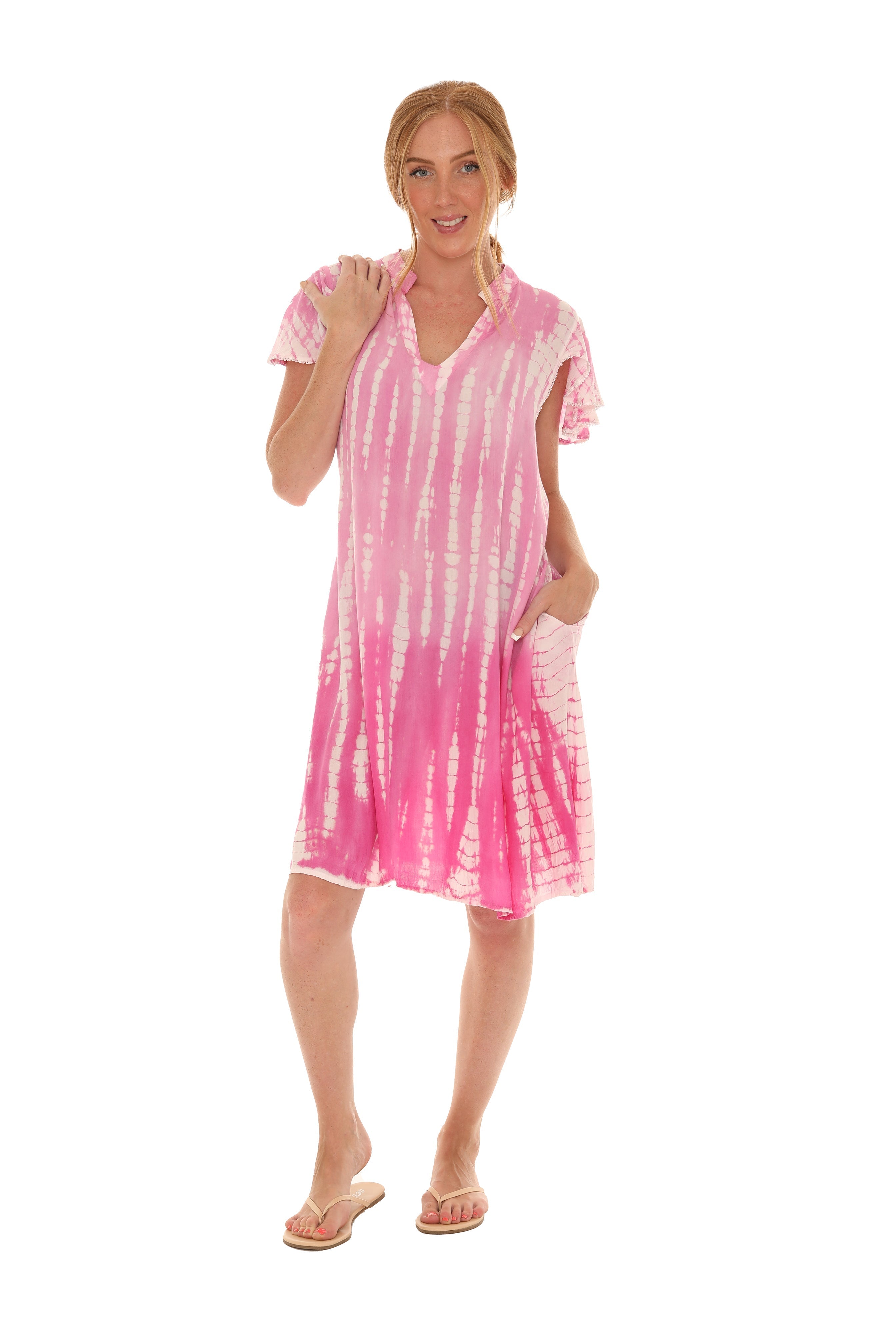 Tie Dye V-Neck Tie Cap-Sleeves Dress - Shoreline Wear, Inc.