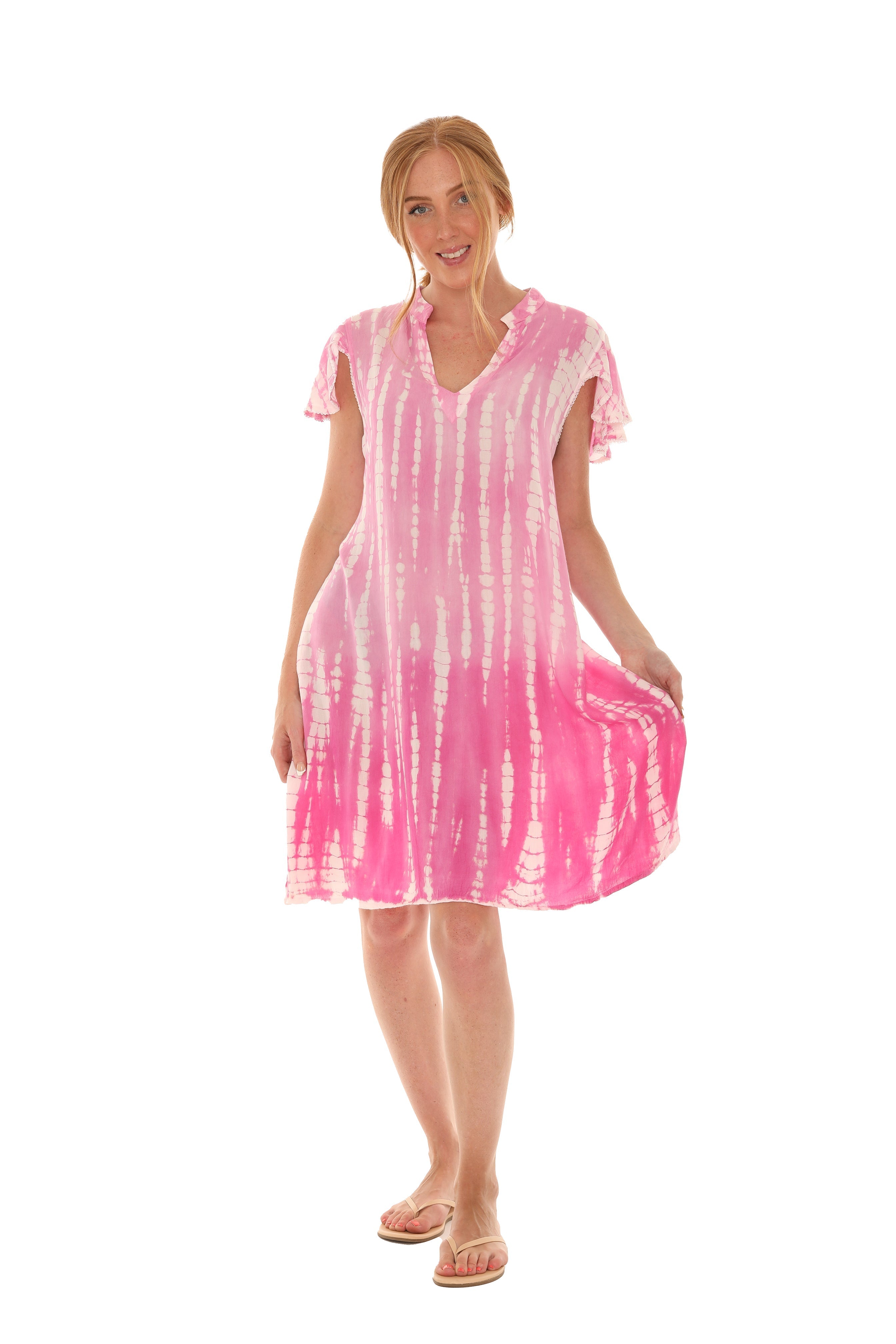 Tie Dye V-Neck Tie Cap-Sleeves Dress - Shoreline Wear, Inc.