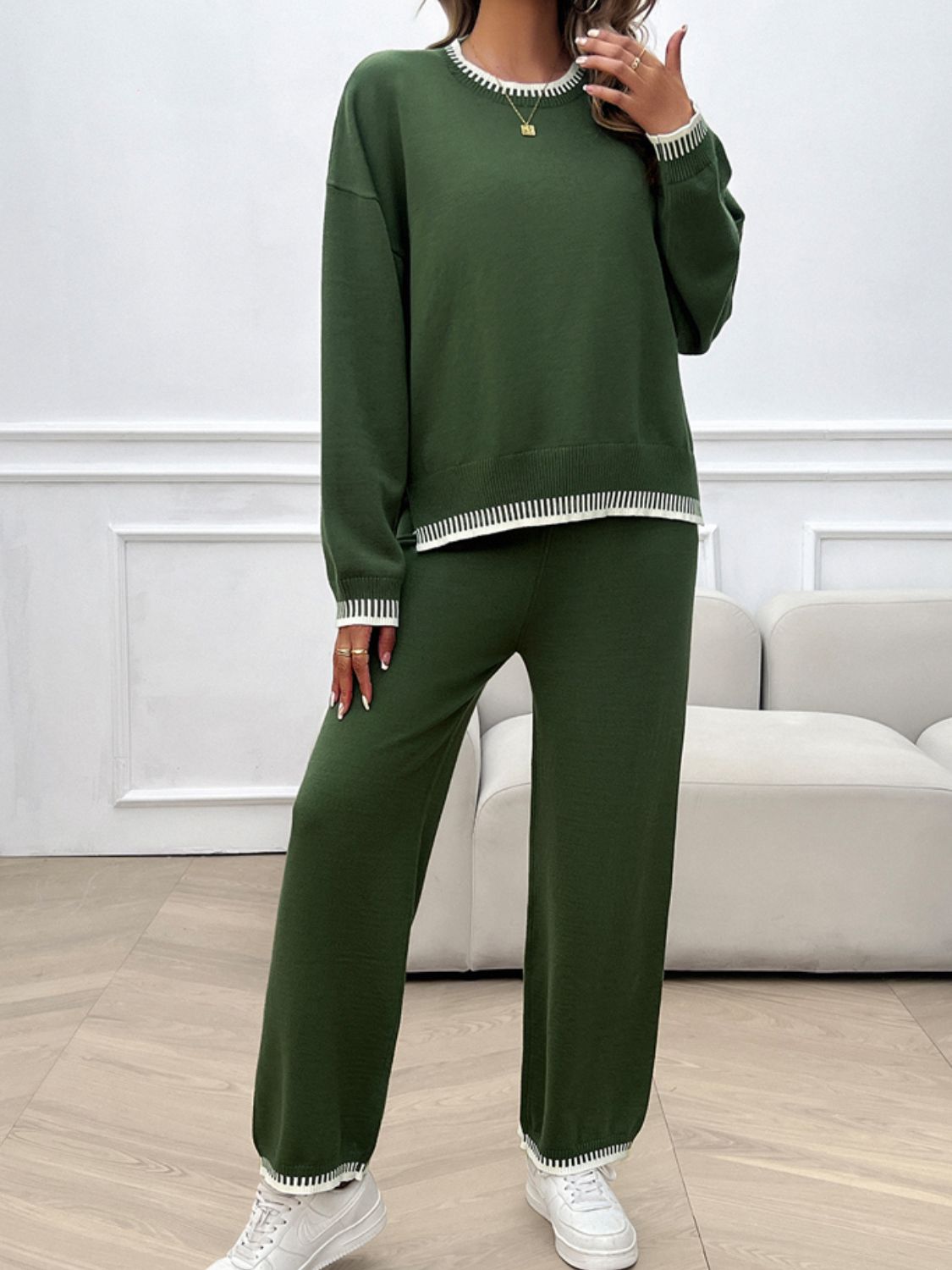 Round Neck Dropped Shoulder Top and Pants Sweater Set - Charming Charlie