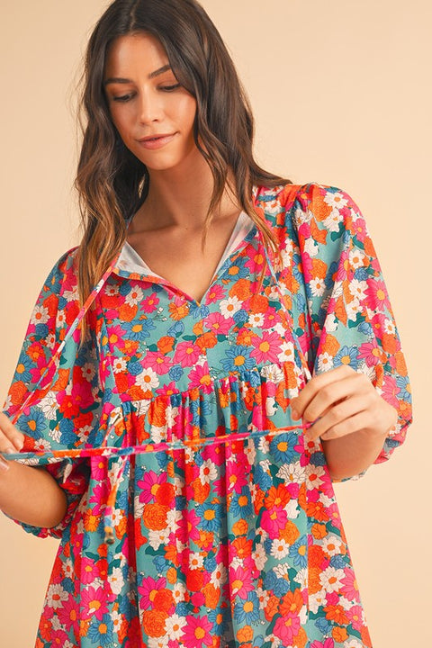 BUBBLE SLEEVE BABYDOLL FLORAL WOVEN DRESS (2-2-0)