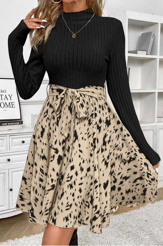 Ribbed Knit Patchwork Printed Belted A-line Dress BEIGE SW6121772-P15 / XL Ribbed Knit Patchwork Printed Belted A-line Dress BEIGE SW6121772-P15 / XL