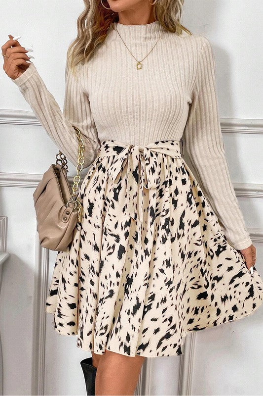 Ribbed Knit Patchwork Printed Belted A-line Dress BEIGE SW6121772-P15 / XL Ribbed Knit Patchwork Printed Belted A-line Dress BEIGE SW6121772-P15 / XL