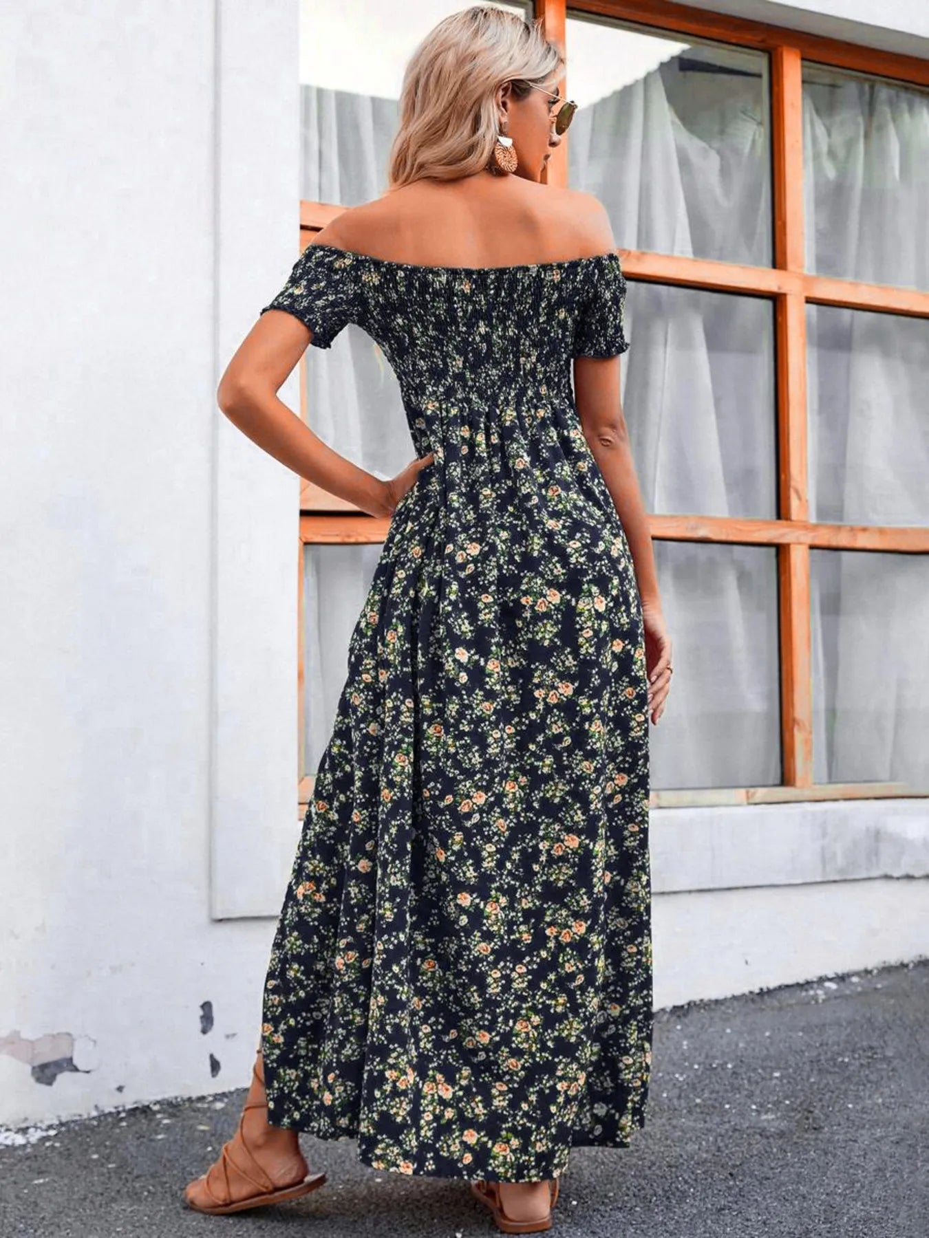 flowy off the shoulder dress HATCH Collection The Samantha Off-The-Shoulder Jacquard Mini Dress in Caramel