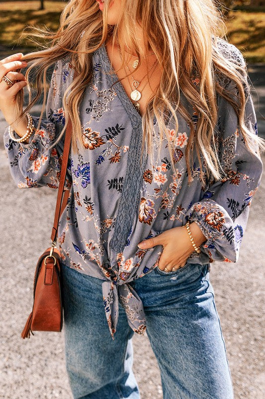Floral Lace Patchwork Knot Front V Neck Blouse - Charming Charlie