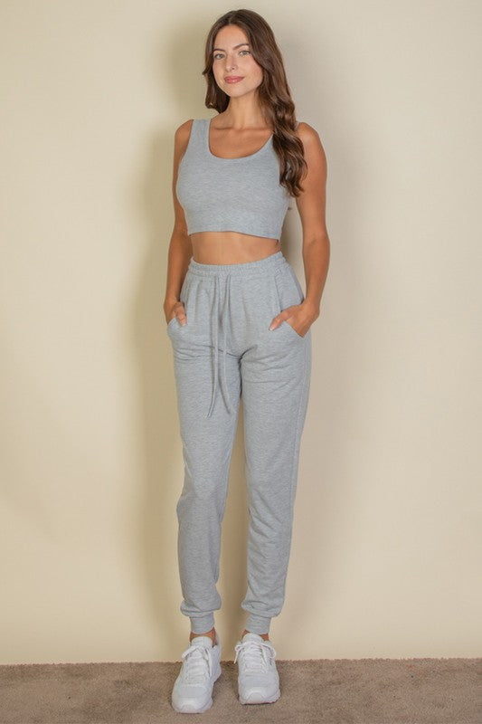 French Terry Cropped Tank Top & Joggers Set - Charming Charlie