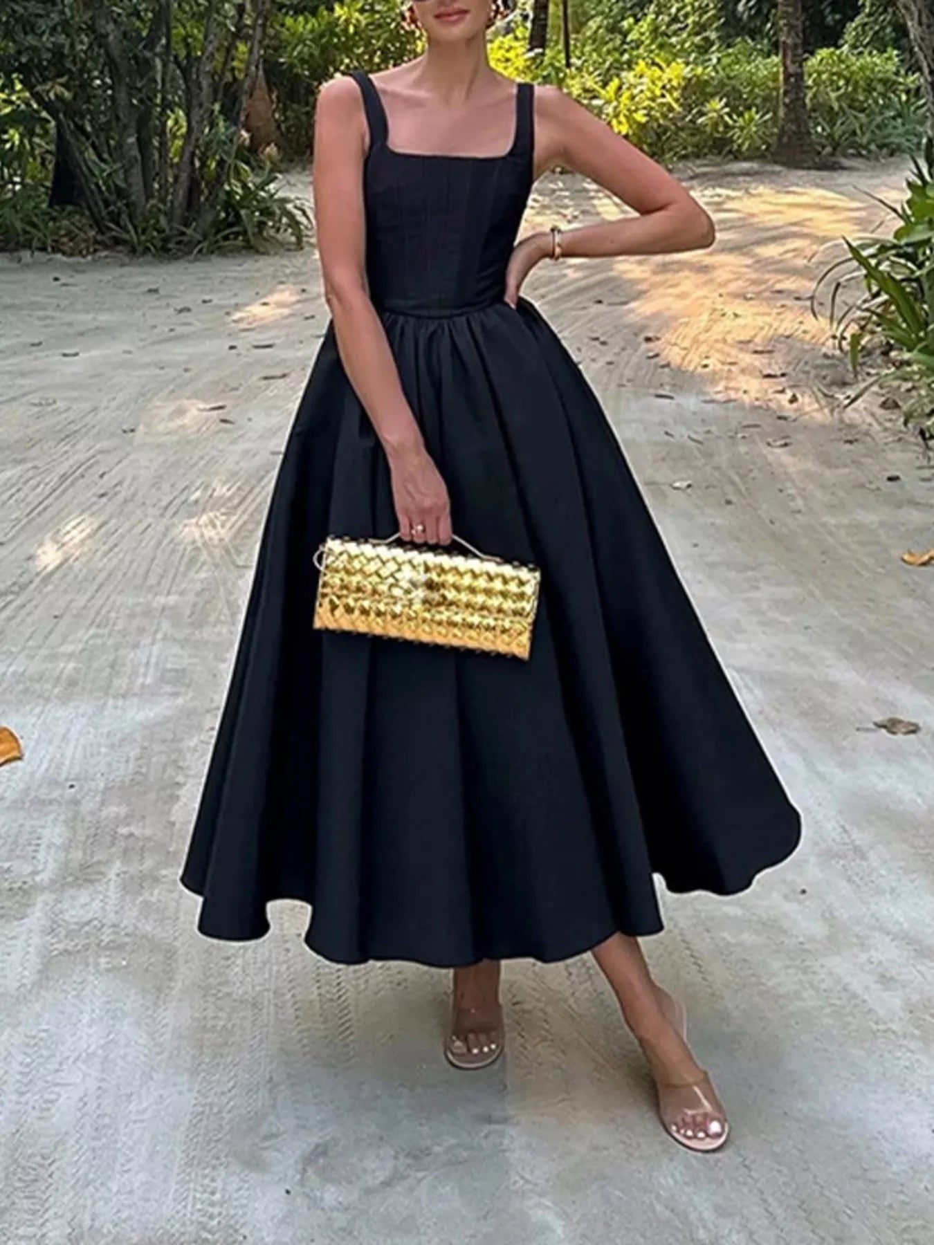Square Neck A-Line Midi Dress Black / M