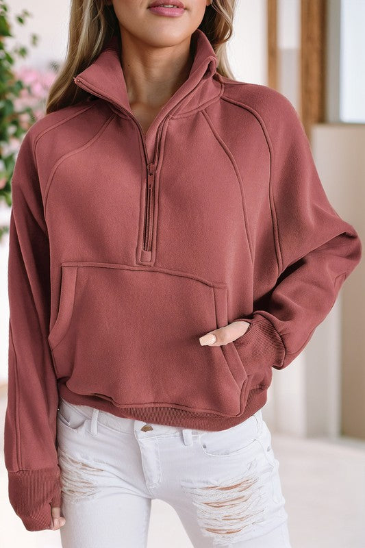 Stand Collar Ribbed Thumbhole Sleeve Sweatshirt - Charming Charlie