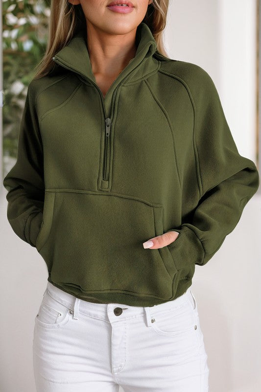 Stand Collar Ribbed Thumbhole Sleeve Sweatshirt - Charming Charlie