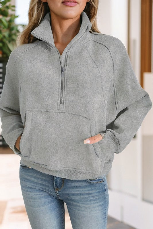 Stand Collar Ribbed Thumbhole Sleeve Sweatshirt - Charming Charlie