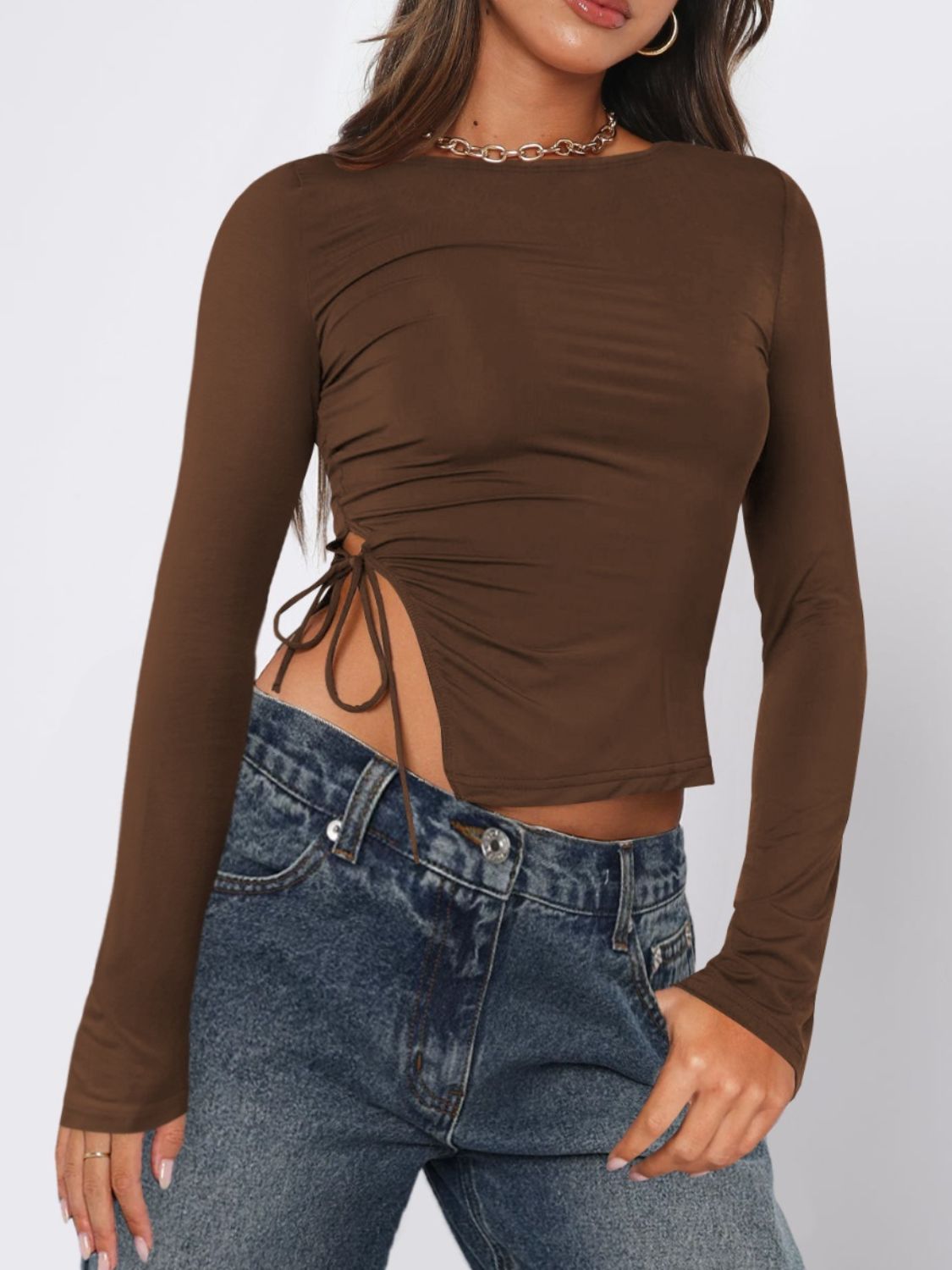 Tied Slit Round Neck Long Sleeve T-Shirt - Charming Charlie