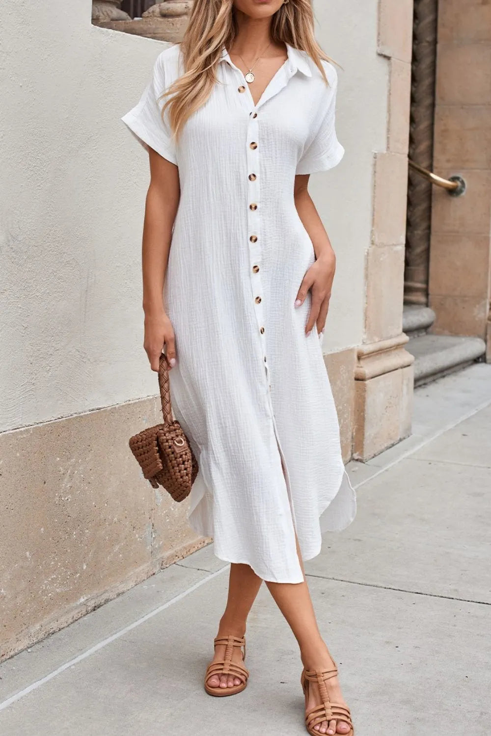 Button Down Short Sleeve Midi Shirt Dress Light Blue / S