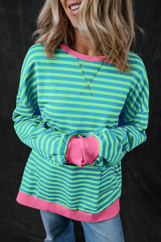 Women Oversized Contrast Trim Pullover Sweatshirt - Charming Charlie