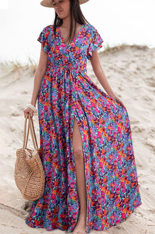 Blue Floral Print V Neck Wrap Split Maxi Dress Blue / L / 100%Viscose Blue Floral Print V Neck Wrap Split Maxi Dress Blue / L / 100%Viscose
