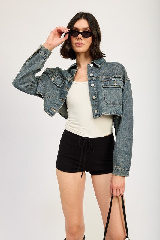 EMBROIDERED DENIM CROP JACKET - Charming Charlie