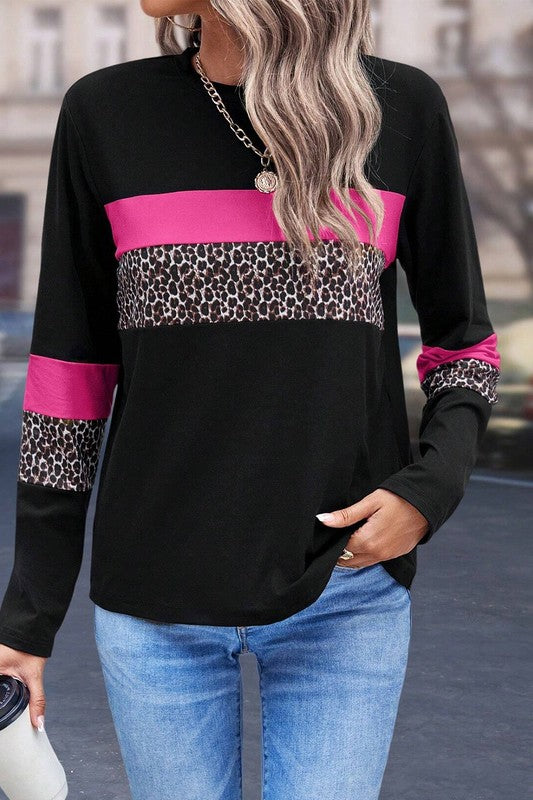 Leopard Colorblock Patchwork Crew Neck Top - Charming Charlie
