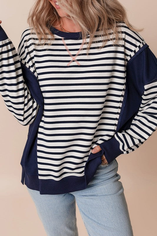Stripe Patchwork Exposed Seam Loose Fit Sweatshirt - Charming Charlie