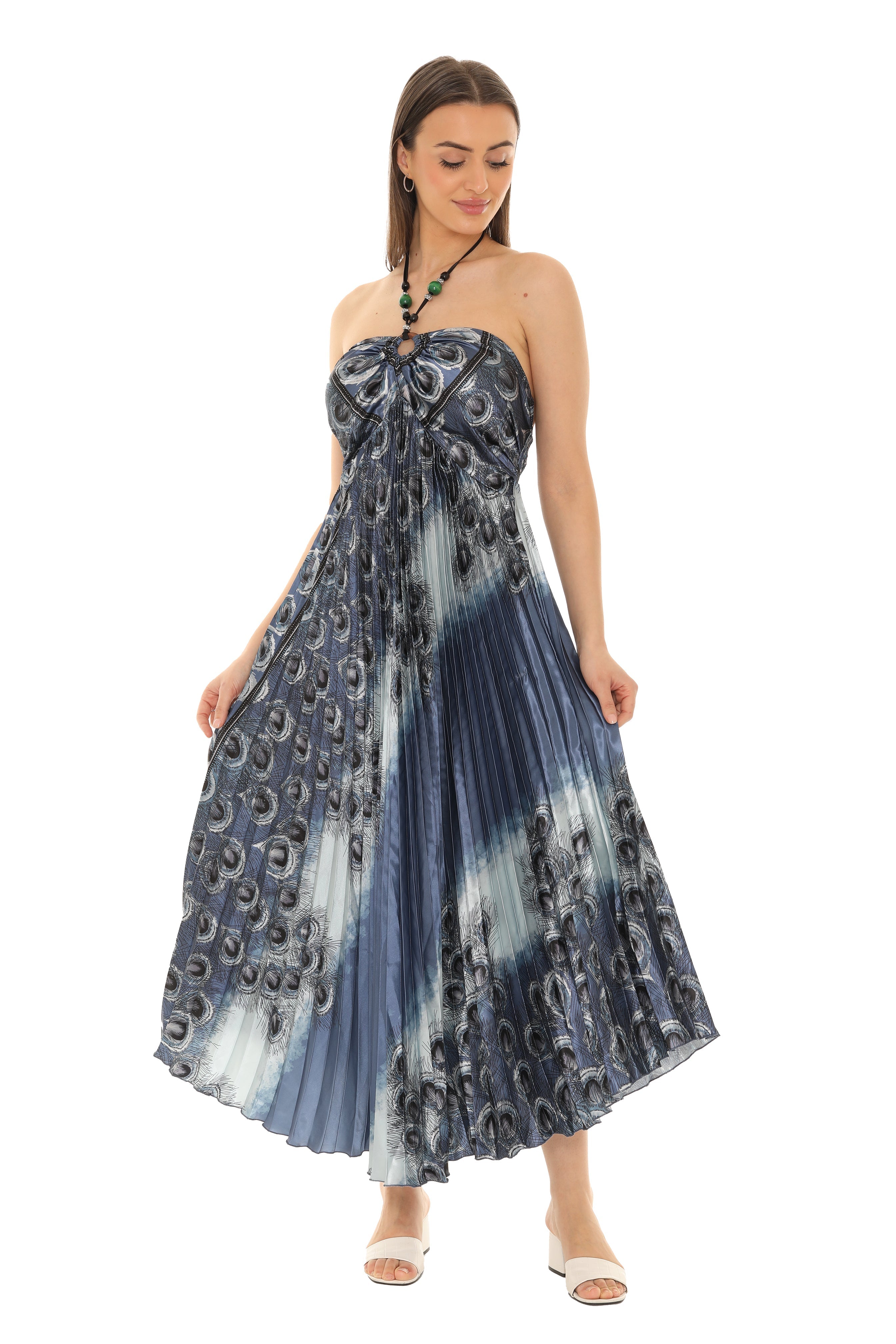 Peacock Pleated Maxi Halter Dress - Shoreline Wear, Inc.