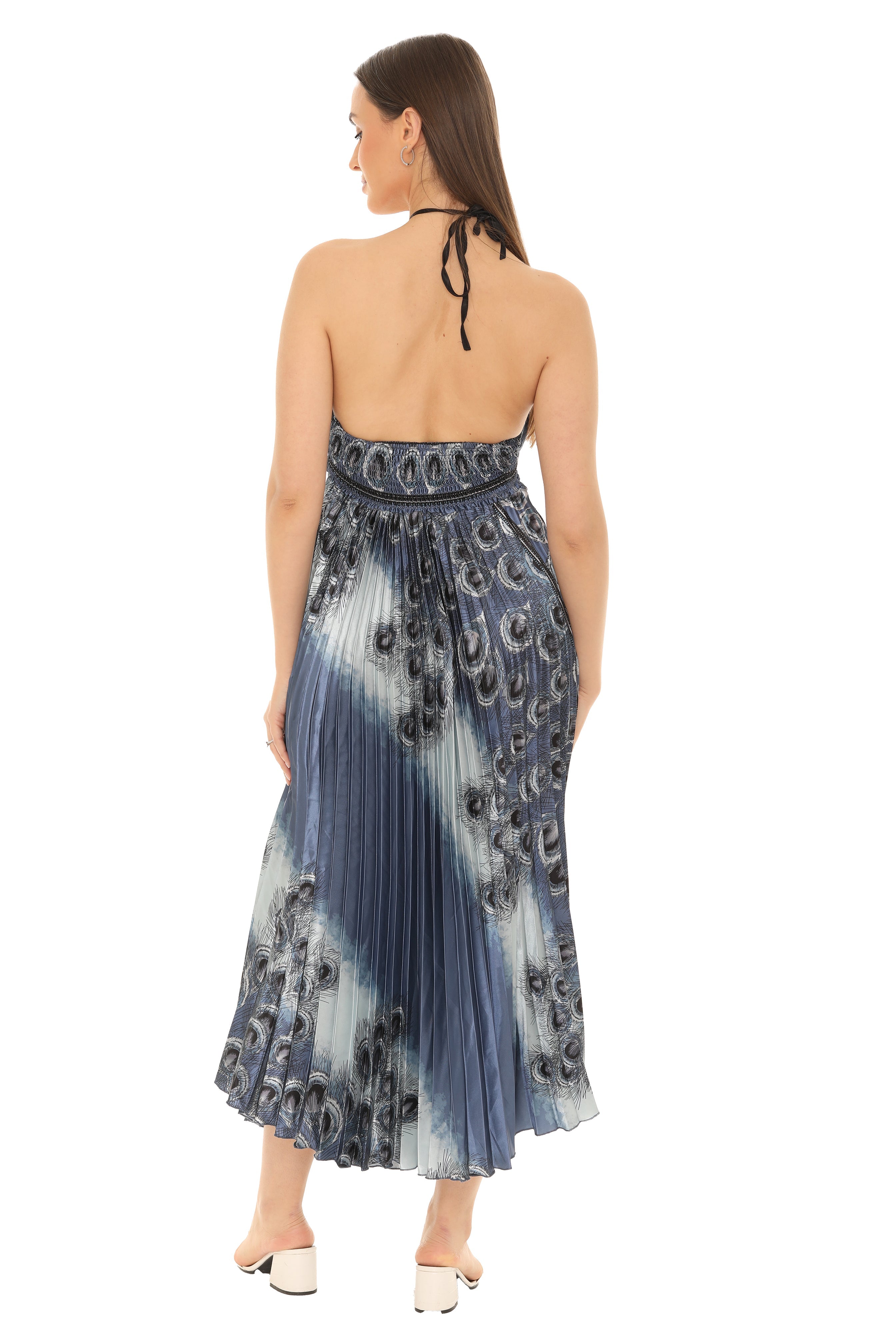 Peacock Pleated Maxi Halter Dress - Shoreline Wear, Inc.