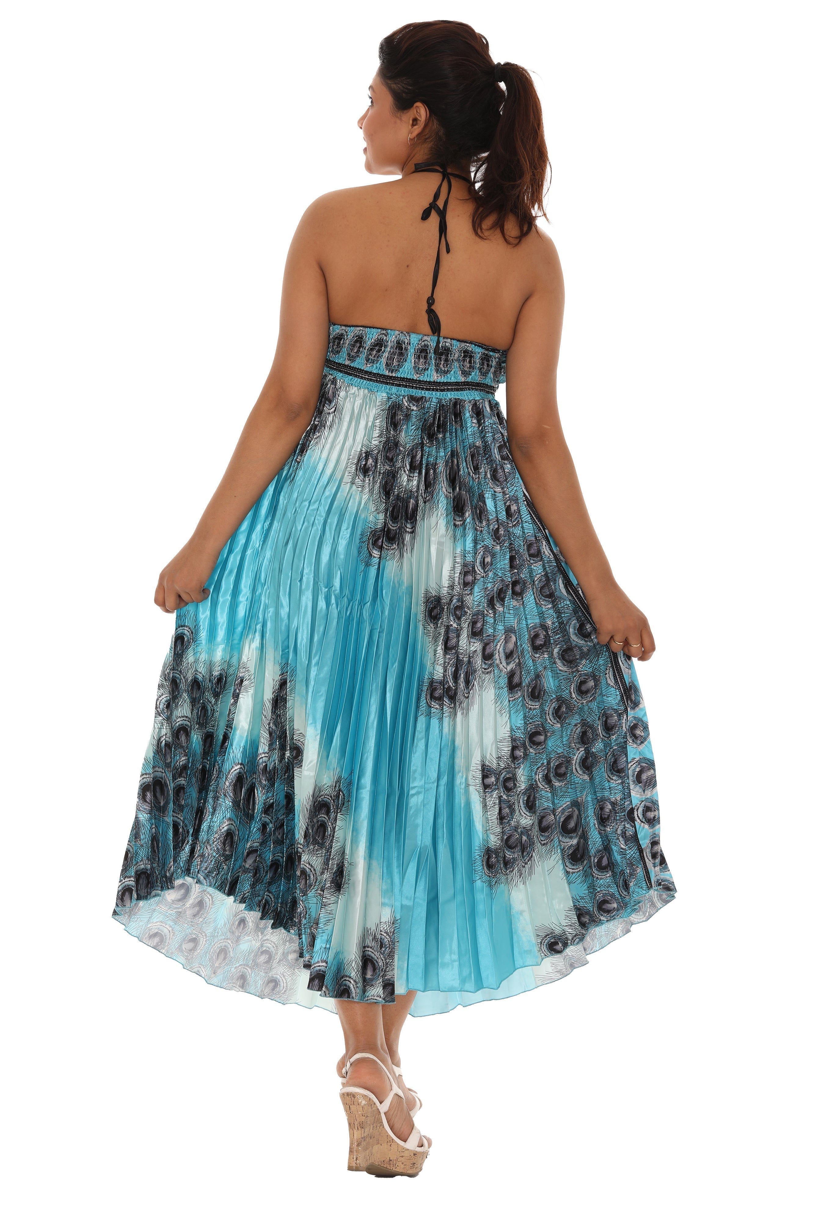 Peacock Pleated Maxi Halter Dress - Shoreline Wear, Inc.