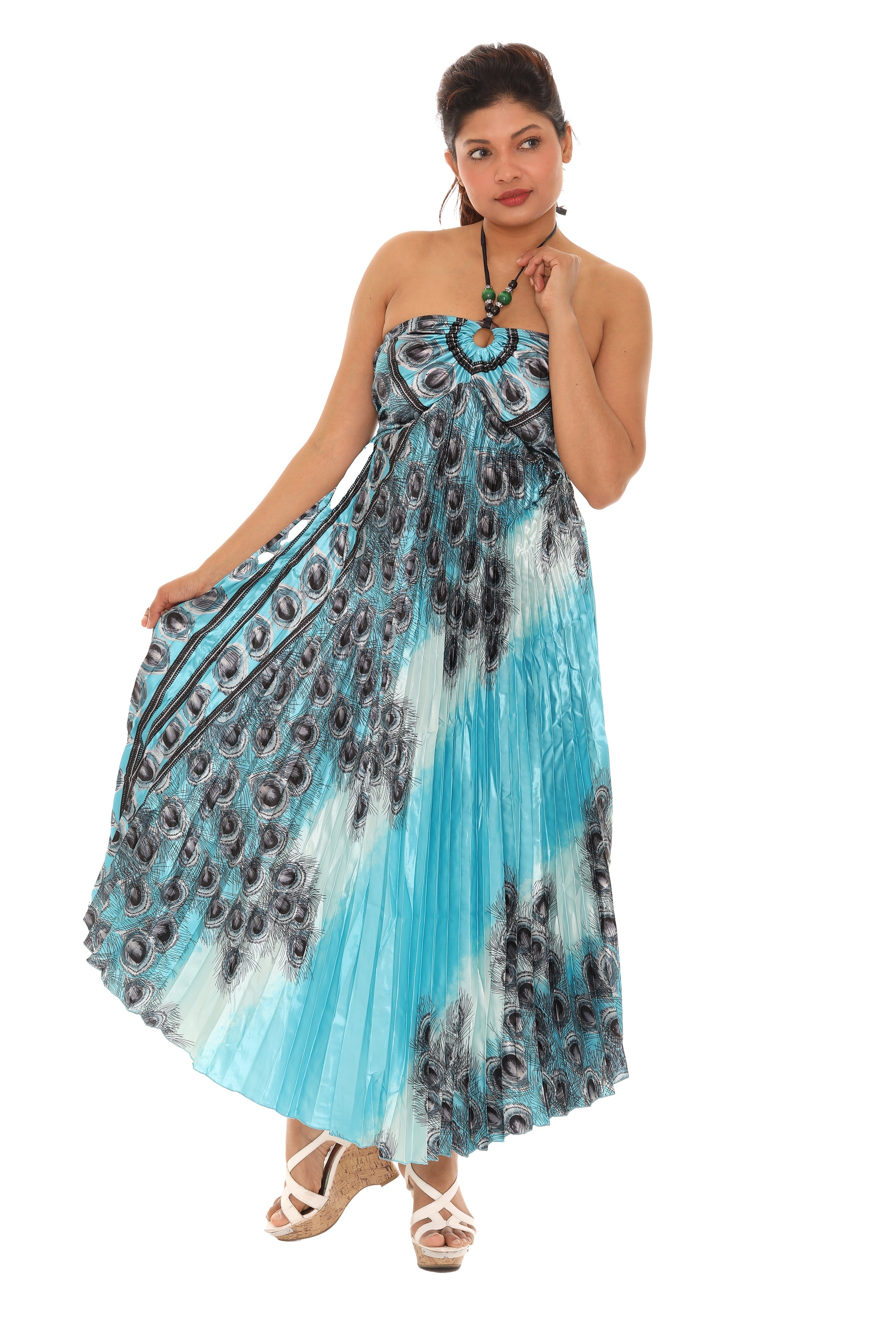 Peacock Pleated Maxi Halter Dress - Shoreline Wear, Inc.