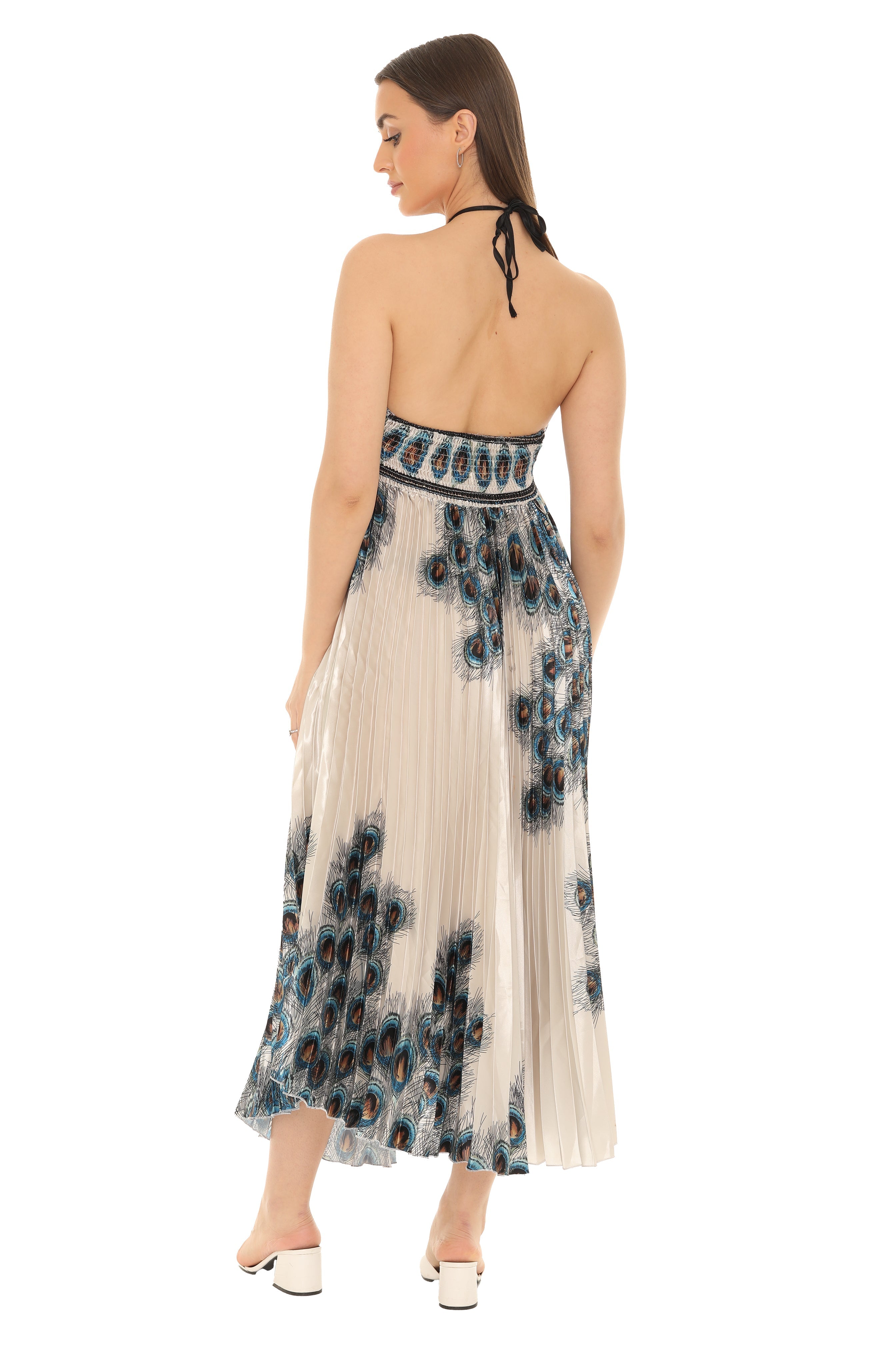 Peacock Pleated Maxi Halter Dress - Shoreline Wear, Inc.